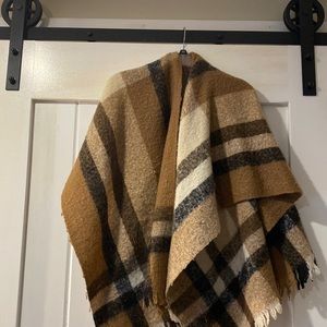 Tan, black, and white plaid blanket scarf